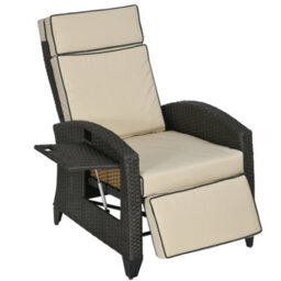 Outsunny Garden Recliner W/ Cushion, Reclining Rattan Chair, Khaki/brown - thumbnail 2