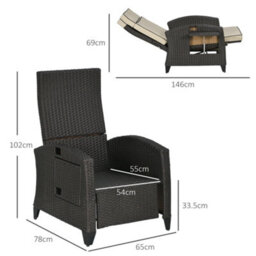 Outsunny Garden Recliner W/ Cushion, Reclining Rattan Chair, Khaki/brown - thumbnail 3