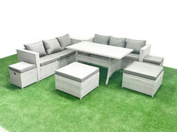 Fimous Rattan Garden Furniture Set Outdoor 10 Seater Patio Dining Sets Glass Top Dining Table Light Grey
