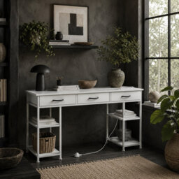 Wyld Haus Riba 120Cm White Home Office Desk With Power Sockets, 3 Fabric Drawers And Storage Shelves - thumbnail 1