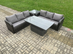 Fimous Outdoor Rattan Garden Furniture Lounge Sofa Set With Height Adjustable Rising Lifting Dining Table Dark Grey Mixed - thumbnail 1