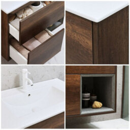 Homestylestore Dark Oak 612mm Wall Hung Bathroom Vanity Unit Open Shelf And Chalk Basin - thumbnail 2