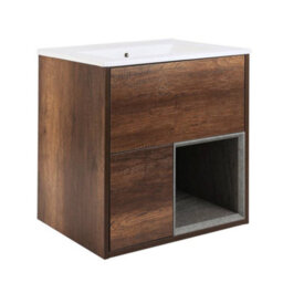Homestylestore Dark Oak 612mm Wall Hung Bathroom Vanity Unit Open Shelf And Chalk Basin