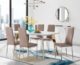 Furniturebox Uk Andria Gold Leg Marble Effect Dining Table And  6 Cappuccino Milan Chairs