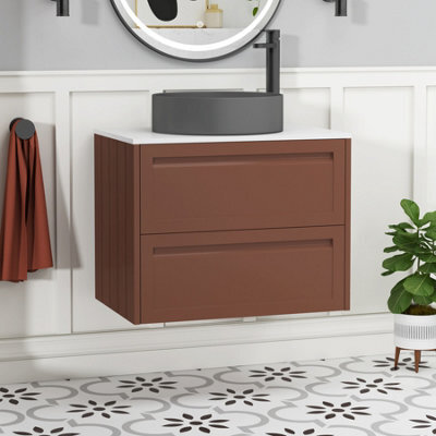 Royal Bathrooms Royal Bathroom Elmore 700mm Terracotta Clay Wall Mounted Bathroom Vanity Unit 2 Drawer Plain White Worktop With Art Round Basin - image 1