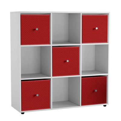 Urbn-Living 9 Cube White Wooden Bookcase Shelving Unit With 5 Collapsible Fabric Drawers Red - image 1