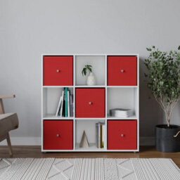 Urbn-Living 9 Cube White Wooden Bookcase Shelving Unit With 5 Collapsible Fabric Drawers Red - thumbnail 2