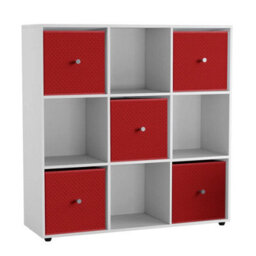 Urbn-Living 9 Cube White Wooden Bookcase Shelving Unit With 5 Collapsible Fabric Drawers Red