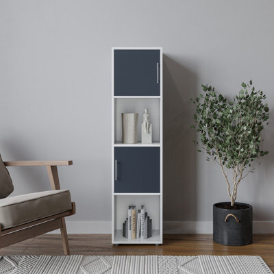 Urbn-Living Urbnliving 119Cm Height 4 Cube Bookcase White Wooden Grey Door Metal Handle Display Storage Shelf - image 1