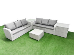 Fimous Outdoor Garden Furniture Sets 6 Seater Wicker Rattan Furniture Sofa Sets High Back Lounge Sofa 2 Side Table Light Grey - thumbnail 2