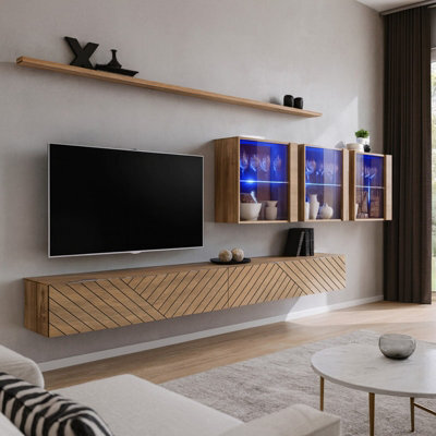Switch Lamel Xvii Modern Wall Unit Wotan Oak Living Room Set With Tv Cabinets Shelves Push To Open System - image 1