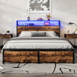 Btm Metal Double Bed 4Ft6 With Led Light 2 Drawers Usb Ports Wrought Iron Frame Black Walnut 135X190Cm - thumbnail 3