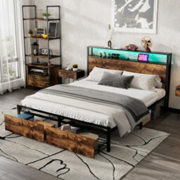 Btm Metal Double Bed 4Ft6 With Led Light 2 Drawers Usb Ports Wrought Iron Frame Black Walnut 135X190Cm