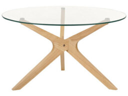Wyld And Coco 80Cm Round Coffee Table With Light Brown Tempered Glass Top And Rubberwood Legs - thumbnail 1