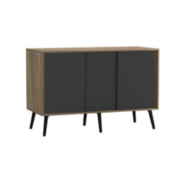 Urbn-Living Urbnliving 3-Door Sliding Cabinet Sideboard Oak Carcass With Black Doors Storage Organiser Home Cupboard Black Wooden Legs