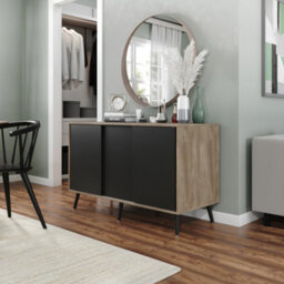 Urbn-Living Urbnliving 3-Door Sliding Cabinet Sideboard Oak Carcass With Black Doors Storage Organiser Home Cupboard Black Wooden Legs - thumbnail 2