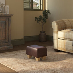 Chestnut Brown Natural Wood Chunky Legs Italian Leather Small Footstool  Handmade Uk By Footstools Direct