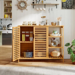 Bamboo Bathroom Cabinet 2-Door Storage Organizer W/shelves-Natural - thumbnail 3