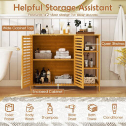 Bamboo Bathroom Cabinet 2-Door Storage Organizer W/shelves-Natural - thumbnail 5