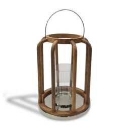 Mango Wood And Glass Lantern Candle Holder Ornament And Home Accessory In Nickel Plated Natural 40Cm Height