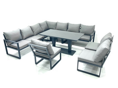 Fimous 10 Seater Outdoor Aluminum Garden Furniture Set Corner Sofa Rising Lifting Dining Table Sets Dark Grey