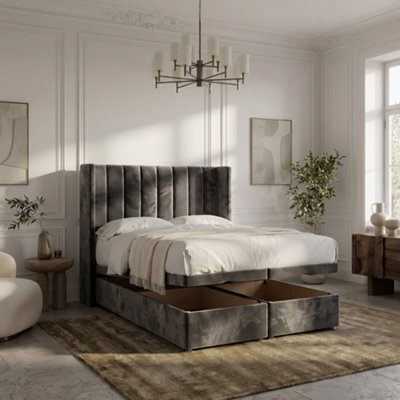 4'6 Double - Grey - Modern Line Panel Alpha Bed Frame Plush Velvet With Divan Ottoman Gas Lift Storage - Grey