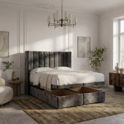 4'6 Double - Grey - Modern Line Panel Alpha Bed Frame Plush Velvet With Divan Ottoman Gas Lift Storage - Grey
