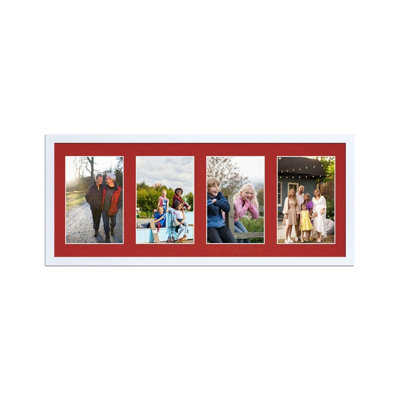 AK Frames 50X20Cm White Sleek Multi Photo Frame With Crimson Mount - Holds 4 Apertures (4X) 6X4 Photos - image 1