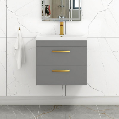Royal Bathrooms Turin Indigo Grey Gloss 600mm Wall Hung Vanity Unit 2 Drawer With Mid-Edge Basin Sink & Brushed Brass Handles - image 1
