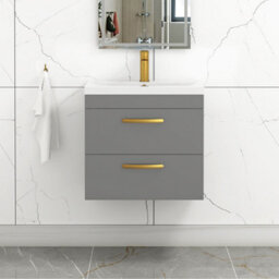 Royal Bathrooms Turin Indigo Grey Gloss 600mm Wall Hung Vanity Unit 2 Drawer With Mid-Edge Basin Sink & Brushed Brass Handles