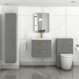 Royal Bathrooms Turin Indigo Grey Gloss 600mm Wall Hung Vanity Unit 2 Drawer With Mid-Edge Basin Sink & Brushed Brass Handles - thumbnail 4