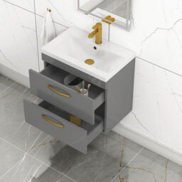 Royal Bathrooms Turin Indigo Grey Gloss 600mm Wall Hung Vanity Unit 2 Drawer With Mid-Edge Basin Sink & Brushed Brass Handles - thumbnail 5