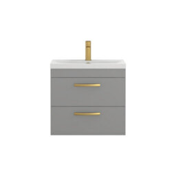Royal Bathrooms Turin Indigo Grey Gloss 600mm Wall Hung Vanity Unit 2 Drawer With Mid-Edge Basin Sink & Brushed Brass Handles - thumbnail 6