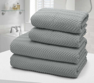 Velosso 4Pc Chevron Jacquard Cotton Hand And Bath Towel Set Soft & Absorbent Cotton Towels Silver