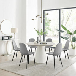 Furniturebox Uk Palma Beige Stone Effect Round Dining Table & 6 Grey Corona Black Leg Chairs - thumbnail 1