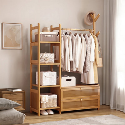 Living And Home Multi Functional Natural Wooden Coat Rack With Storage Drawers Open Shelves And Hooks - image 1