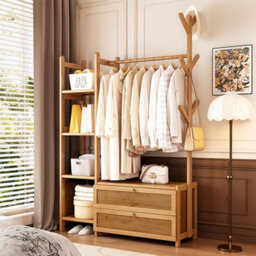 Living And Home Multi Functional Natural Wooden Coat Rack With Storage Drawers Open Shelves And Hooks - thumbnail 2