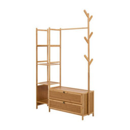 Living And Home Multi Functional Natural Wooden Coat Rack With Storage Drawers Open Shelves And Hooks - thumbnail 4