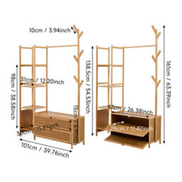 Living And Home Multi Functional Natural Wooden Coat Rack With Storage Drawers Open Shelves And Hooks - thumbnail 8