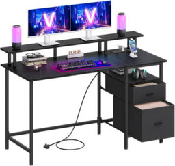 LEDREM Gaming Computer Desk With Monitor Stand, Storage Table With Power Strip, Study Desk For Office, 140 X 60 Cm, Black - thumbnail 2
