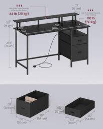 LEDREM Gaming Computer Desk With Monitor Stand, Storage Table With Power Strip, Study Desk For Office, 140 X 60 Cm, Black - thumbnail 4