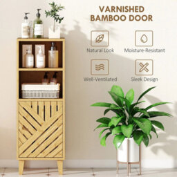 Narrow Bathroom Storage Cabinet With Open Compartments, Natural - thumbnail 5