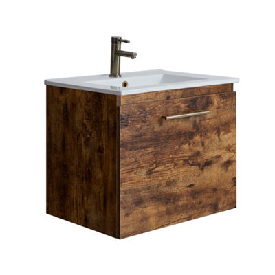 Homestylestore 600mm Dark Oak Wall Hung Bathroom Vanity Unit And Brushed Gold T Bar Handle - image 1