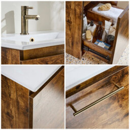 Homestylestore 600mm Dark Oak Wall Hung Bathroom Vanity Unit And Brushed Gold T Bar Handle - thumbnail 4