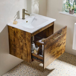 Homestylestore 600mm Dark Oak Wall Hung Bathroom Vanity Unit And Brushed Gold T Bar Handle - thumbnail 3