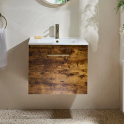 Homestylestore 600mm Dark Oak Wall Hung Bathroom Vanity Unit And Brushed Gold T Bar Handle - thumbnail 2