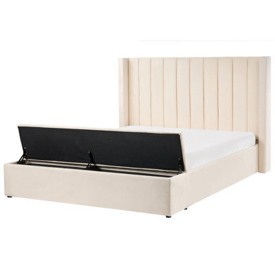 Beliani Bed With Storage Bench Velvet Noyers 160 X 200 Cm (Eu King Size) Off-White - image 1