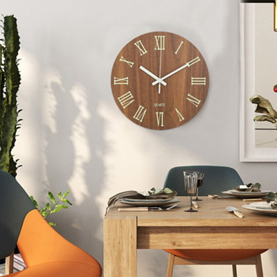 Living And Home Brown Modern Round Luminous Numbers Wood Silent Wall Clock 12 Inch - image 1