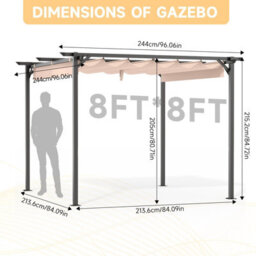 Onemill 8 X 8 Ft Pergola With Retractable Sun Shade Canopy Outdoor Metal Shelter Gazebo-Beige - thumbnail 6