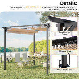 Onemill 8 X 8 Ft Pergola With Retractable Sun Shade Canopy Outdoor Metal Shelter Gazebo-Beige - thumbnail 5